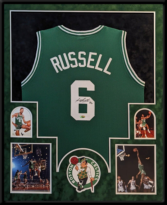 MVP Authentics Suede Framed Boston Celtics Bill Russel Autographed Signed Jersey Hollywood Holo 2700 sports jersey framing , jersey framing