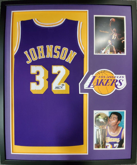 MVP Authentics Framed L.A. Lakers Magic Johnson Autographed Signed Jersey Leaf Coa 629.10 sports jersey framing , jersey framing
