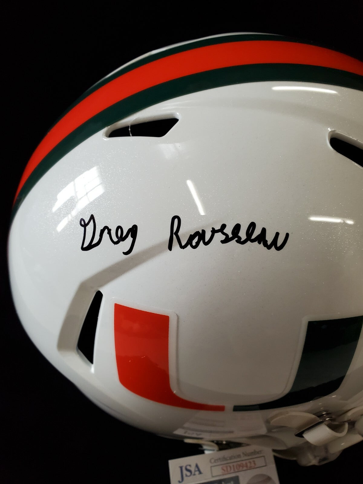 Greg Rousseau Signed Inscribed Miami Hurricanes Full Size Replica Helmet Jsa Coa