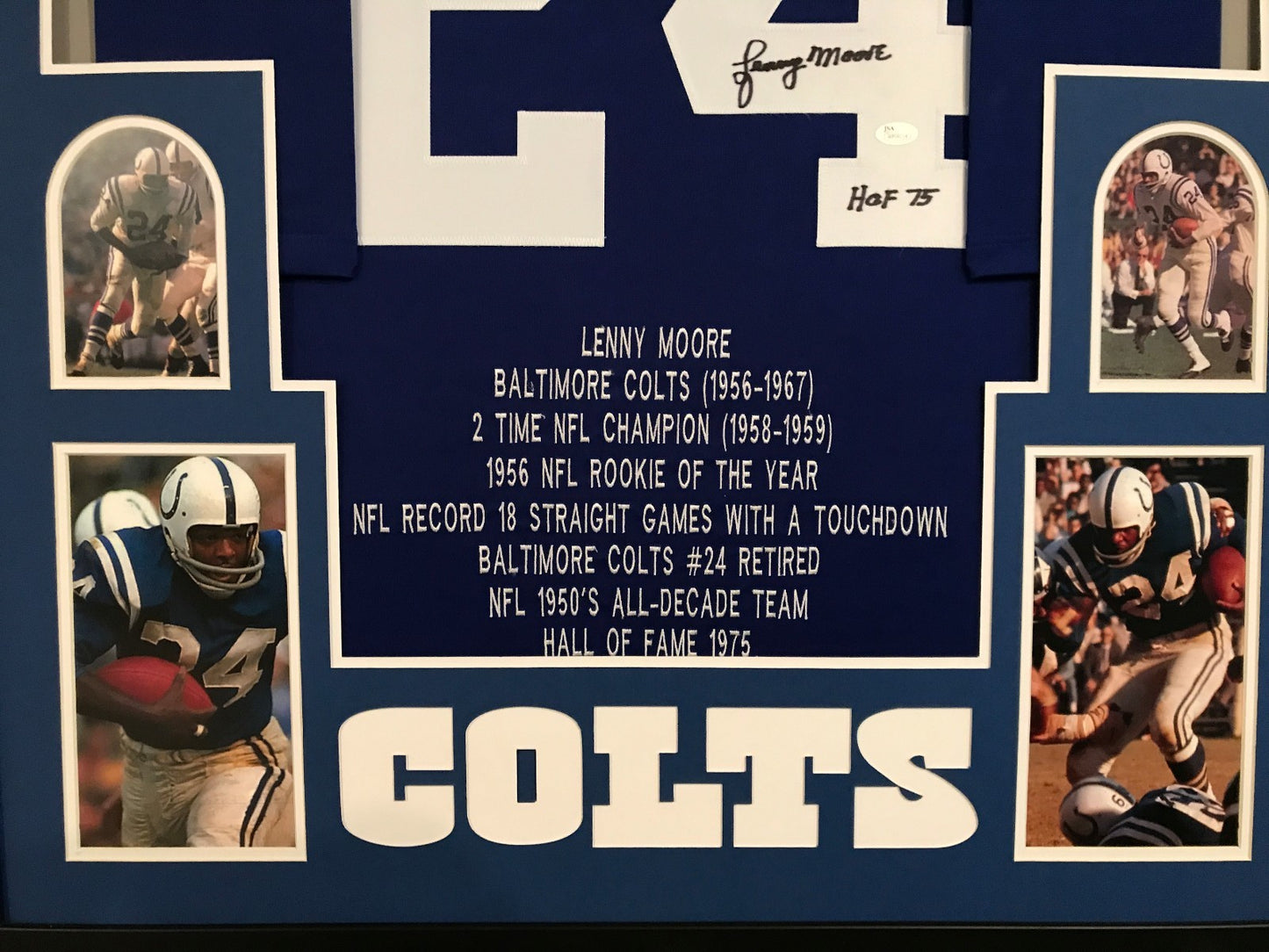 Framed Lenny Moore Autographed Signed Insc Baltimore Colts Stat Jersey Jsa Coa