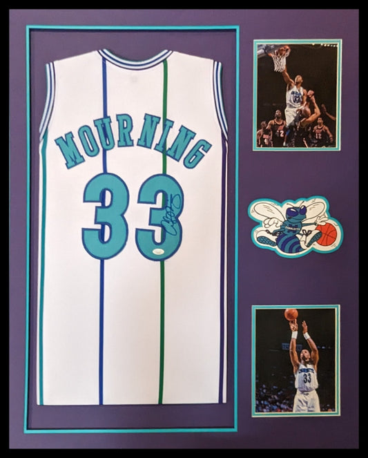 Framed Charlotte Hornets Alonzo Mourning Signed Jersey Jsa Coa