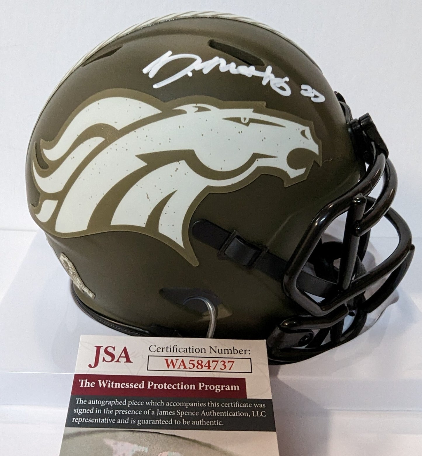Denver Broncos Damarri Mathis Autographed Salute To Service Mini Helmet Jsa Coa