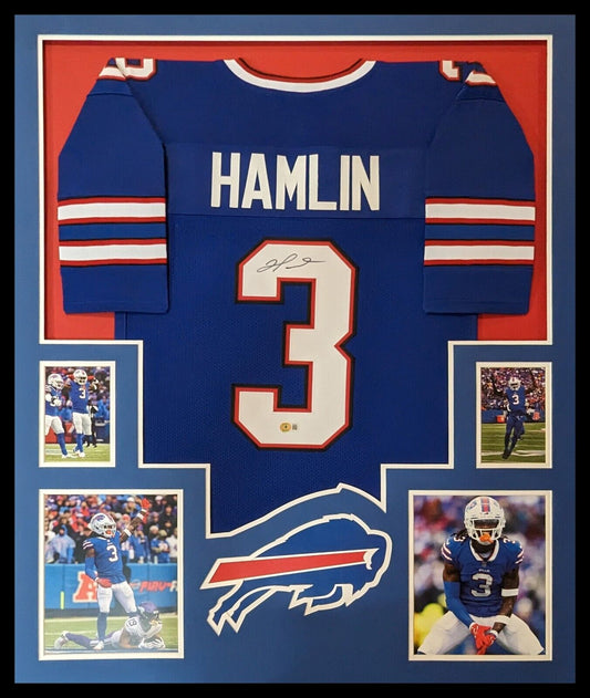 MVP Authentics Framed Buffalo Damar Hamlin Autographed Signed Jersey Beckett Holo 472.50 sports jersey framing , jersey framing