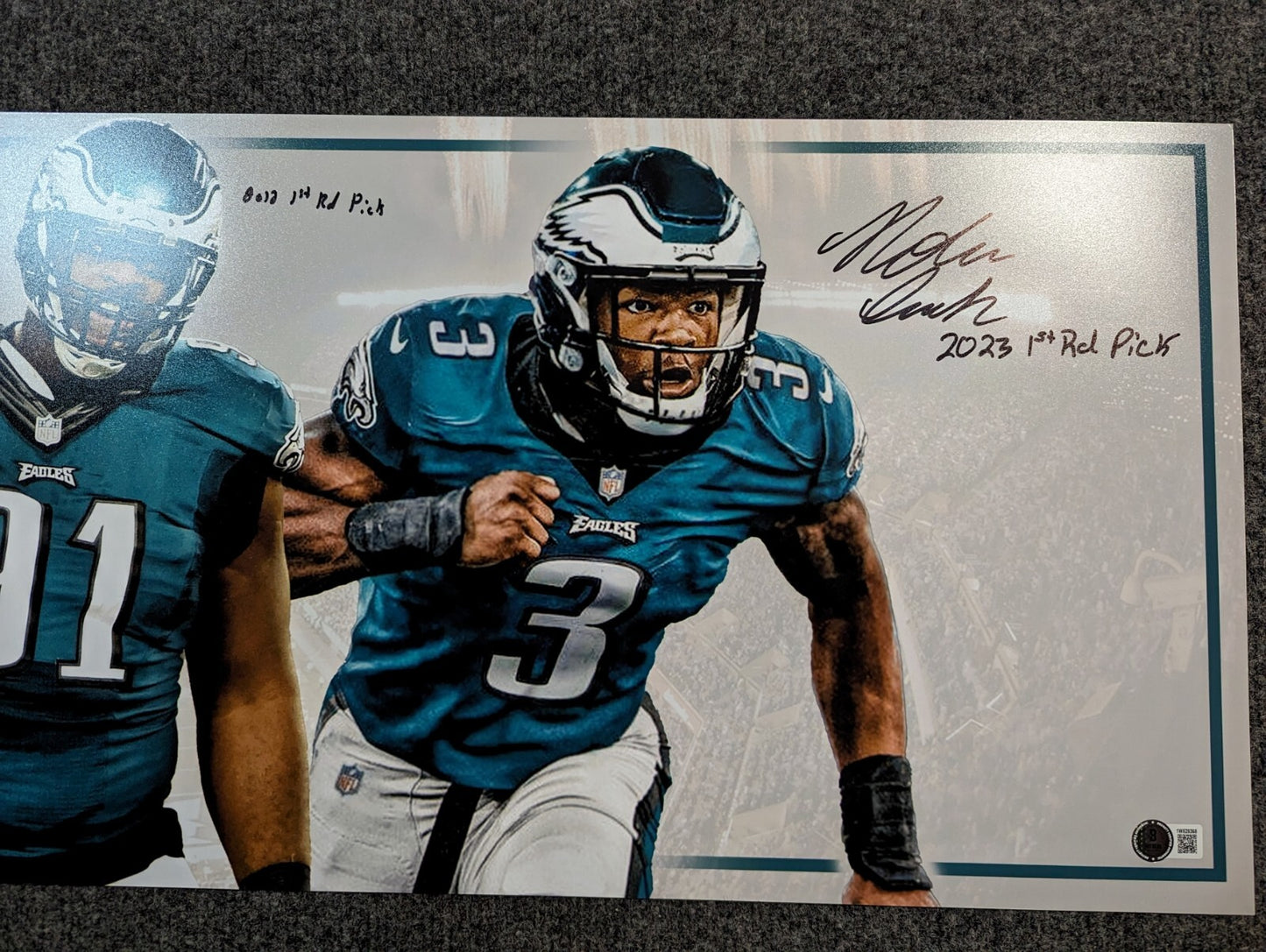 Eagles  Fletcher Cox, Jordan Davis, Nolan Smith Jr 3X Signed 36X12 Panoramic Bas