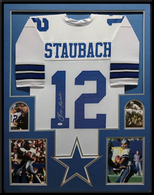 Framed Dallas Cowboys Roger Staubach Autographed Signed Jersey Jsa Coa