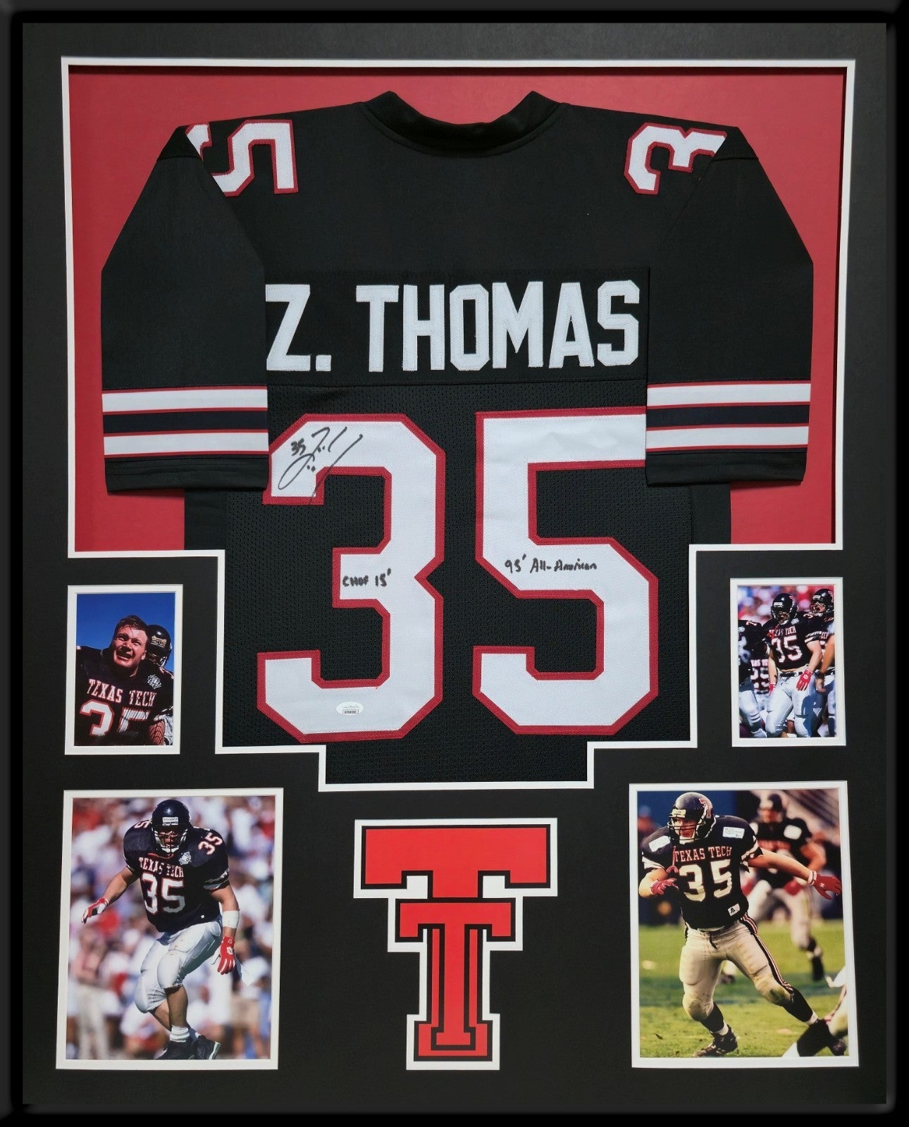 Framed Texas Tech Red Raiders Zach Thomas Autographed Inscribed Jersey Jsa