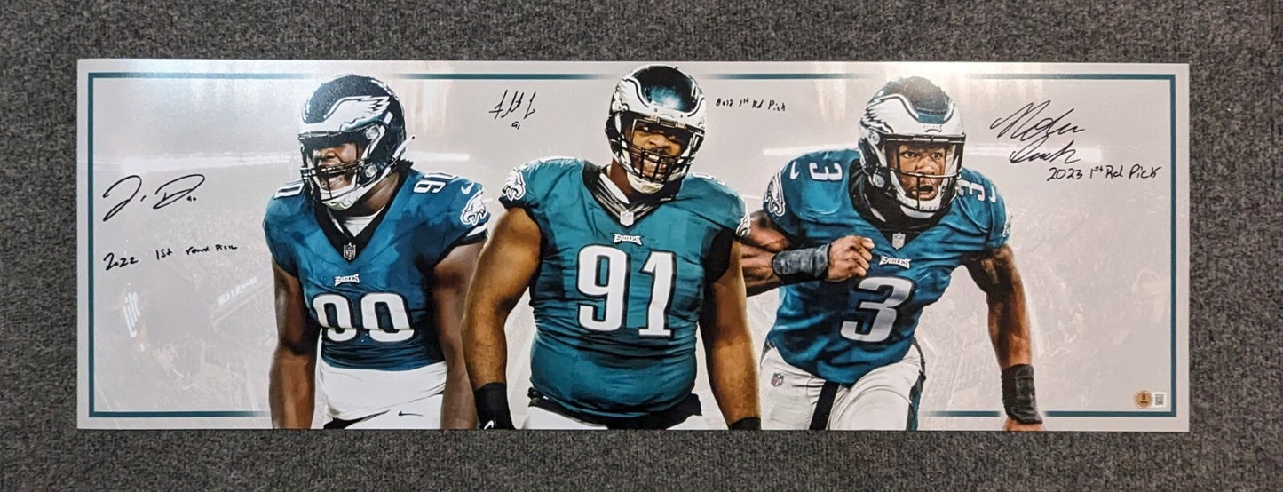 Eagles  Fletcher Cox, Jordan Davis, Nolan Smith Jr 3X Signed 36X12 Panoramic Bas