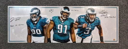 Eagles  Fletcher Cox, Jordan Davis, Nolan Smith Jr 3X Signed 36X12 Panoramic Bas