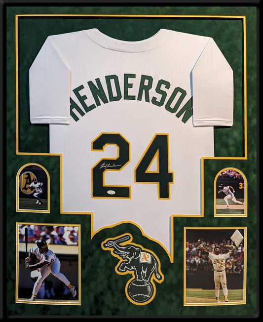MVP Authentics Framed In Suede Oakland A's Rickey Henderson Autographed Signed Jersey Jsa Coa 1575 sports jersey framing , jersey framing