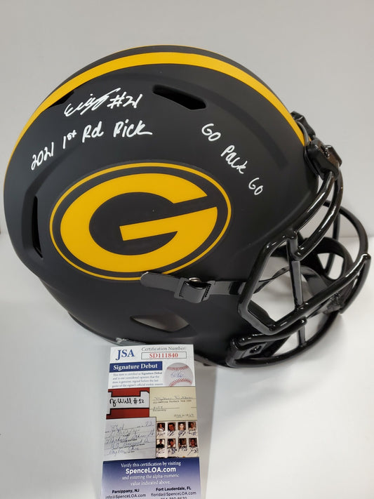 Green Bay Packers Eric Stokes Signed 2X Insc F/S Eclipse Replica Helmet Jsa Coa