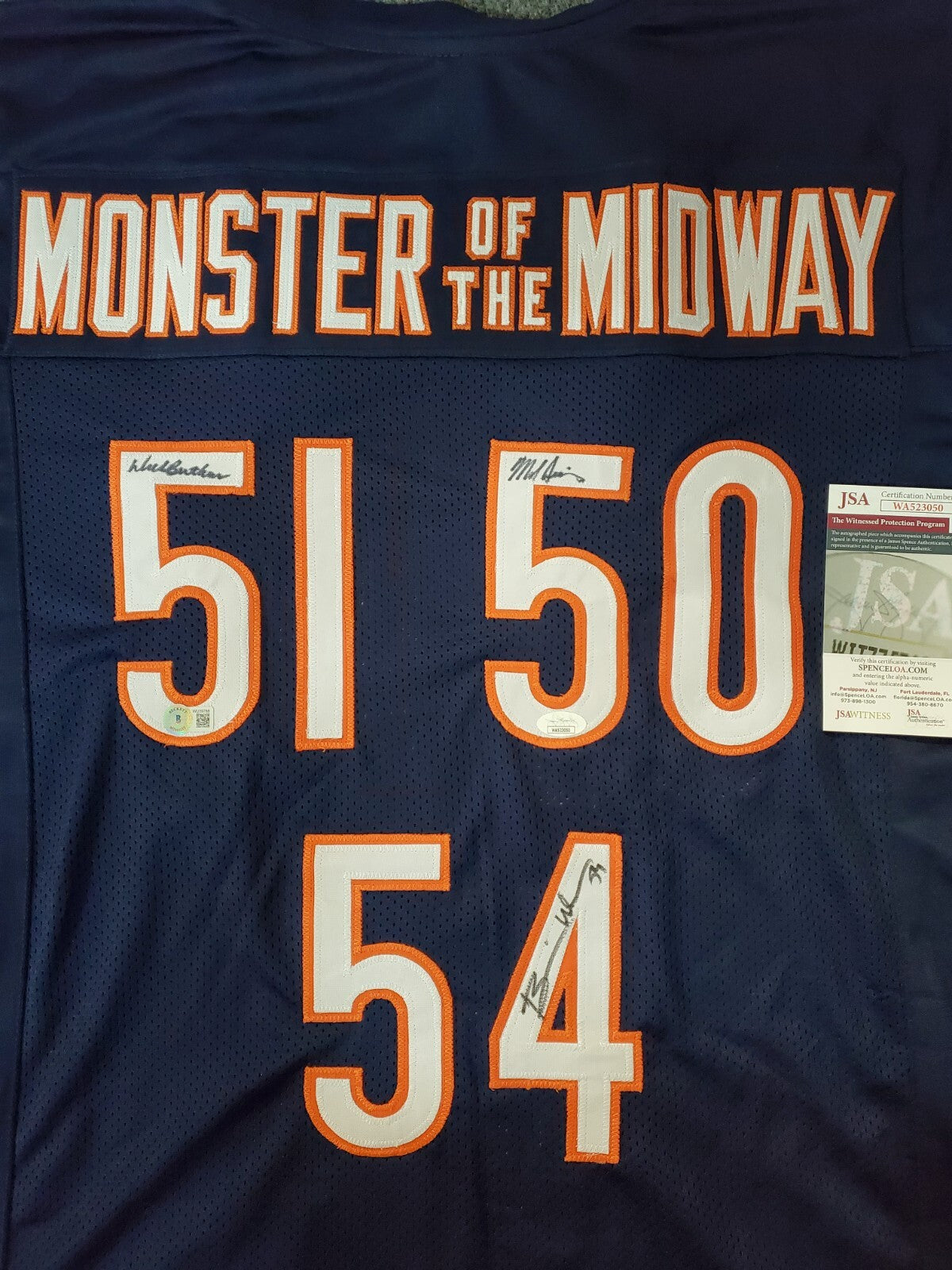 Chicago Bears  3X Signed Jersey Butkus Singletary Urlacher Jsa Coa