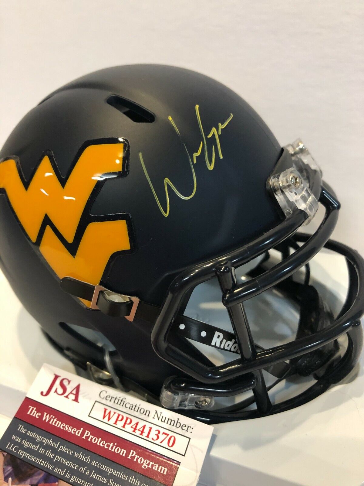 MVP Authentics Will Grier Autographed Signed West Virginia Mountaineers Mini Helmet Jsa Coa 107.10 sports jersey framing , jersey framing
