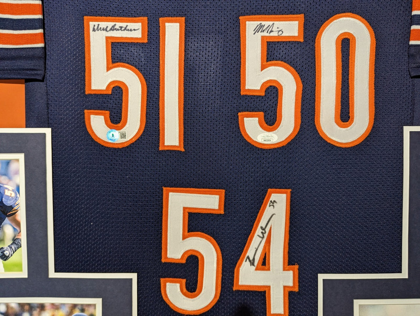 Framed Chicago Bears 3X Signed Singletary Urlacher Butkus Jersey Dual Coa
