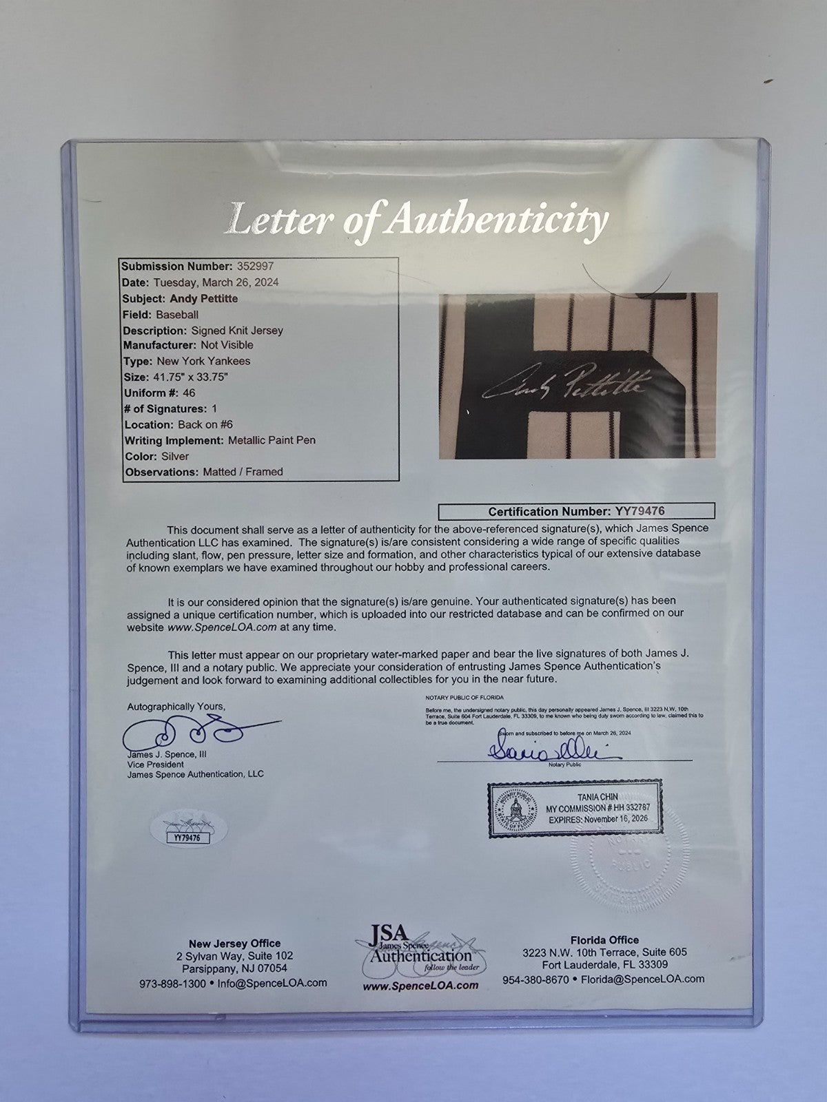 Framed Suede Andy Pettitte Autographed Signed New York Yankees Jersey Jsa Letter