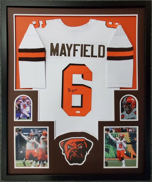 MVP Authentics Framed Baker Mayfield Autographed Signed Cleveland Browns Jersey Jsa Coa 719.10 sports jersey framing , jersey framing