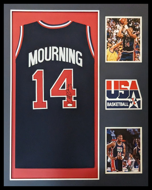 Framed Alonzo Mourning Autographed Signed Usa Dream Team Jersey Jsa Coa
