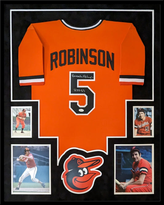 Framed Suede Baltimore Orioles Brooks Robinson Signed Inscribed Jersey Jsa Coa