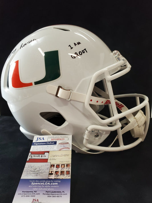 Greg Rousseau Signed Inscribed Miami Hurricanes Full Size Replica Helmet Jsa Coa