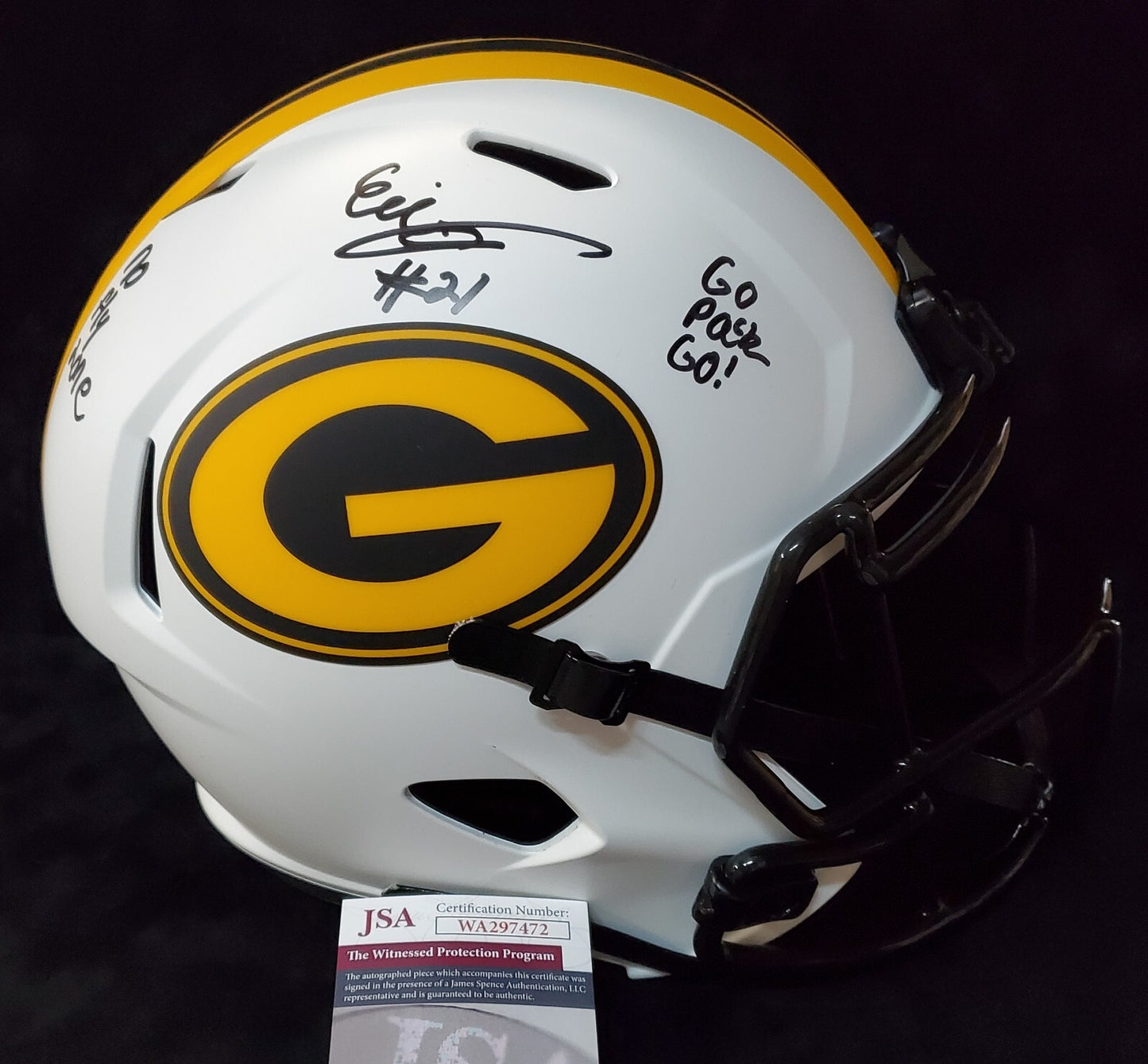 Green Bay Packers Eric Stokes Signed Insc Full Size Lunar Replica Helmet Jsa