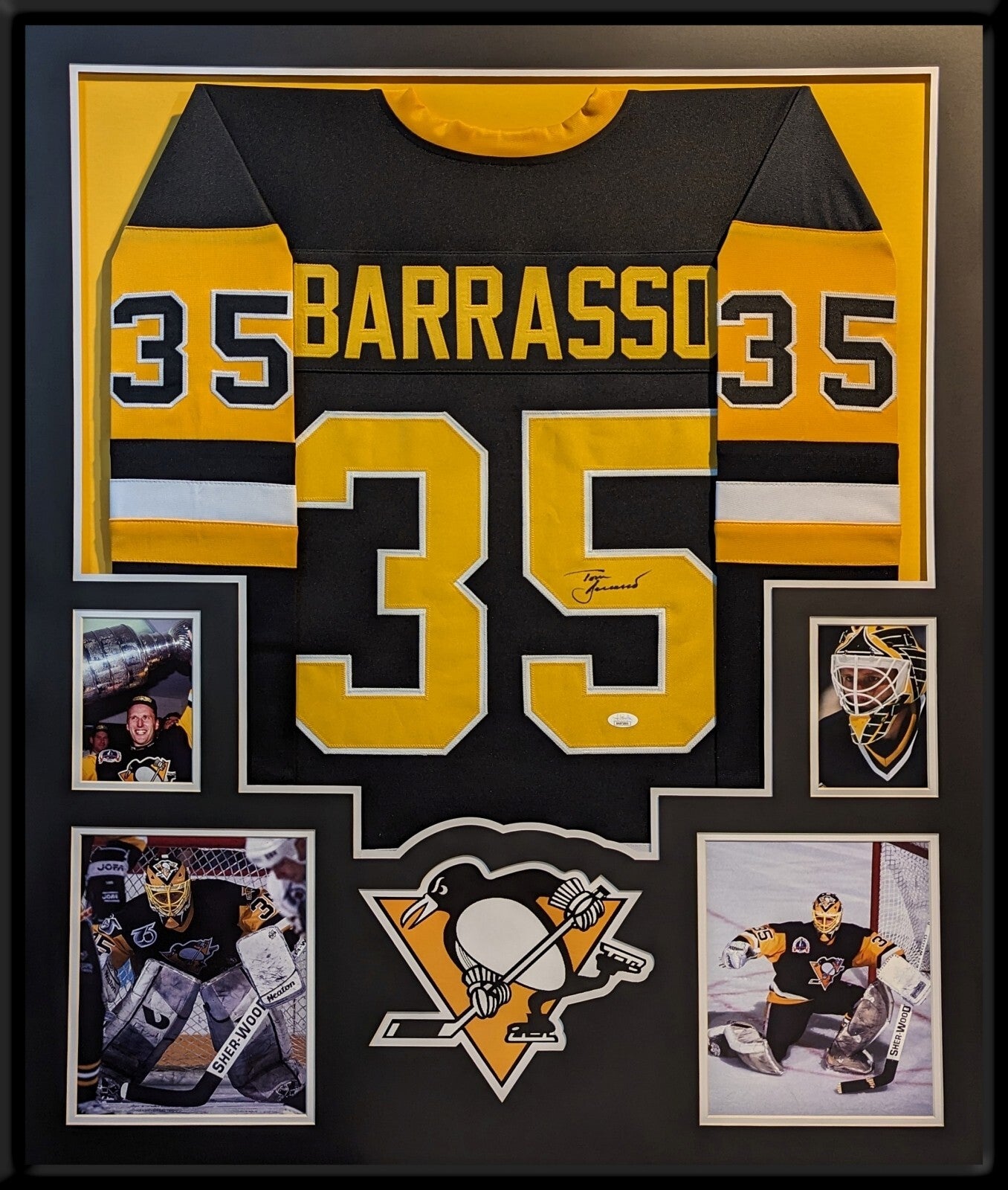 Framed Pittsburgh Penguins Tom Barrasso Autographed Signed Jersey Jsa Coa