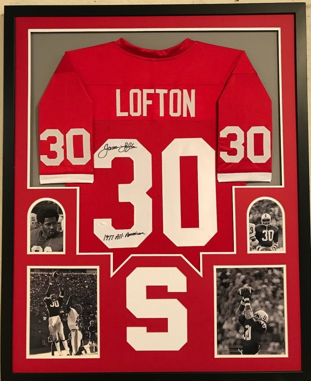 Framed James Lofton Autographed Signed Inscr Stanford Cardinals Jersey Jsa Coa