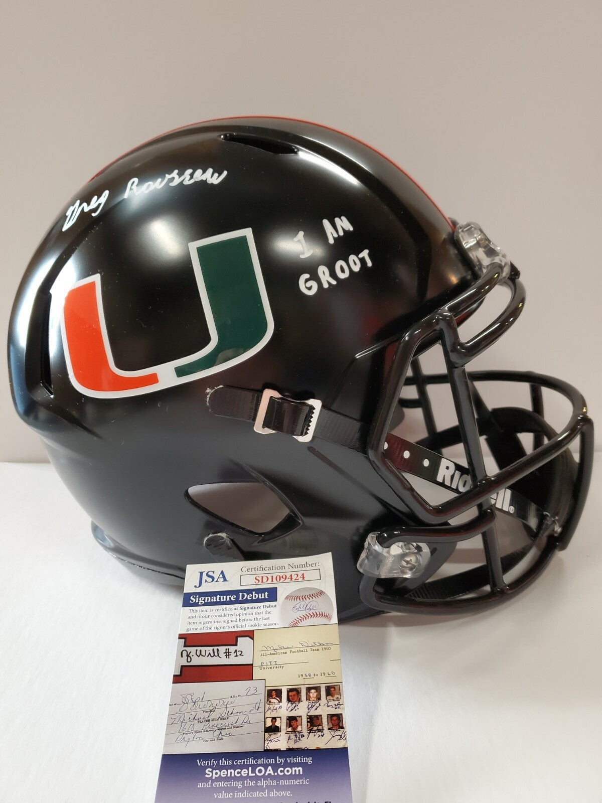 Greg Rousseau Signed Inscribed Miami Hurricanes Full Size Replica Helmet Jsa Coa