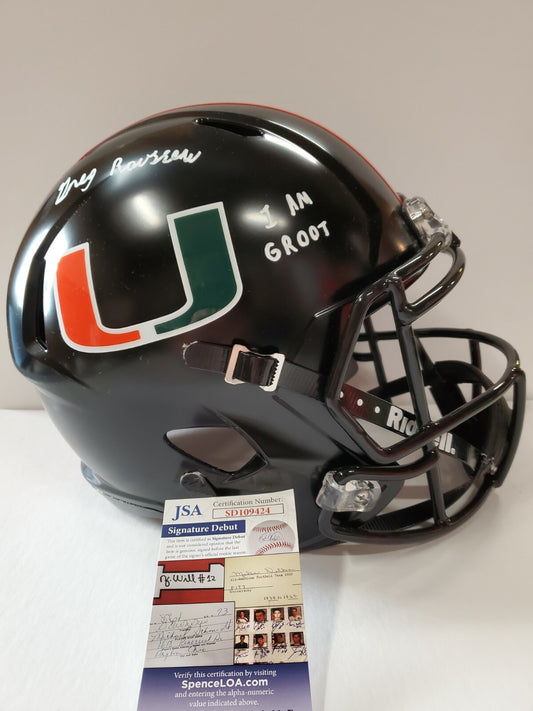 Greg Rousseau Signed Inscribed Miami Hurricanes Full Size Replica Helmet Jsa Coa