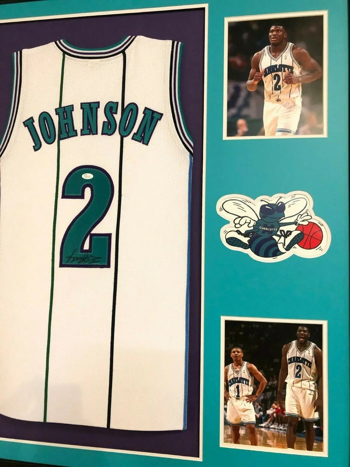 MVP Authentics Framed Charlotte Hornets Larry Johnson Signed Jersey Jsa Coa 360 sports jersey framing , jersey framing