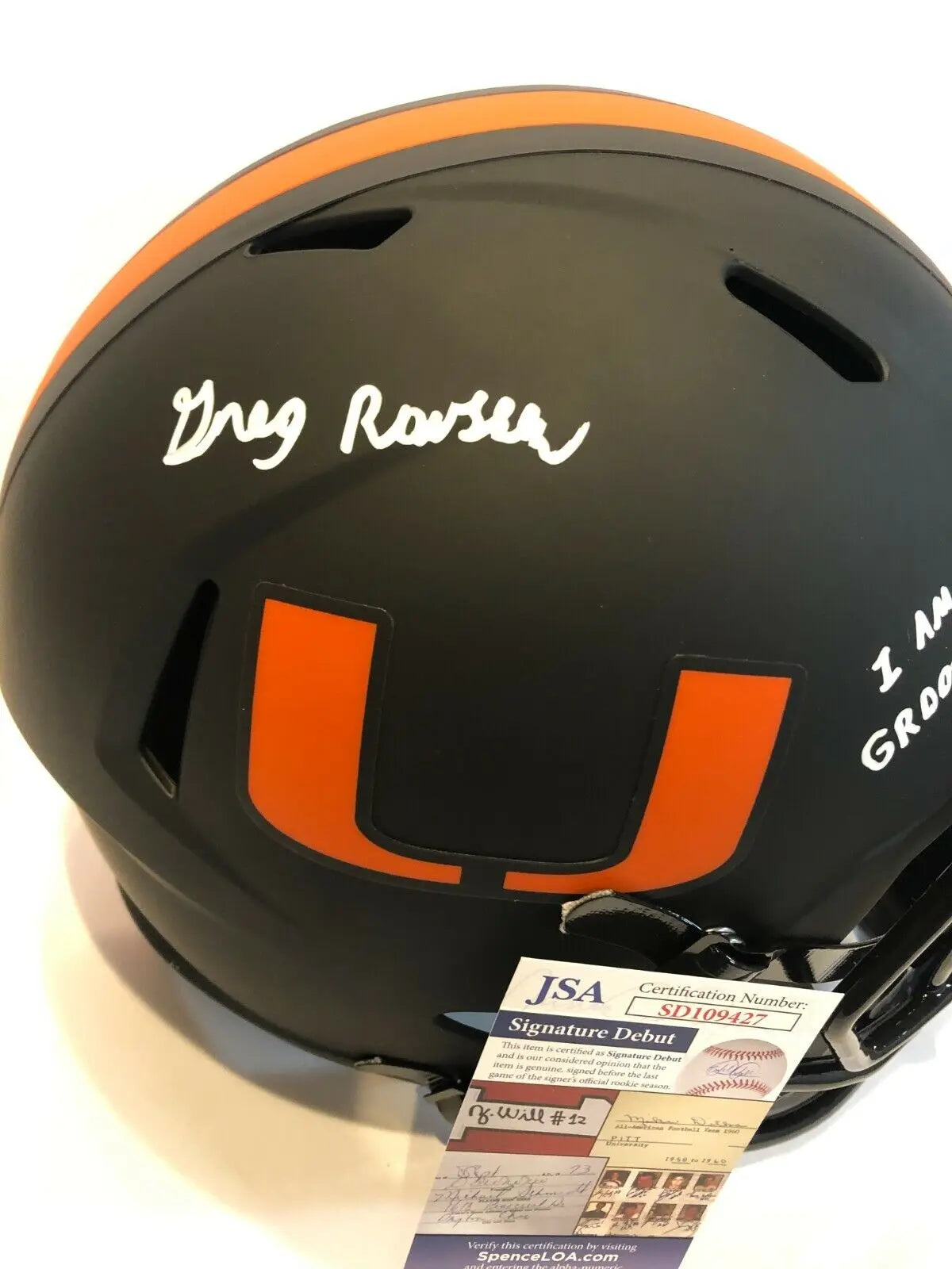 MVP Authentics Greg Rousseau Signed Inscr Miami Hurricanes Full Size Eclipse Rep Helmet Jsa Coa 350.10 sports jersey framing , jersey framing
