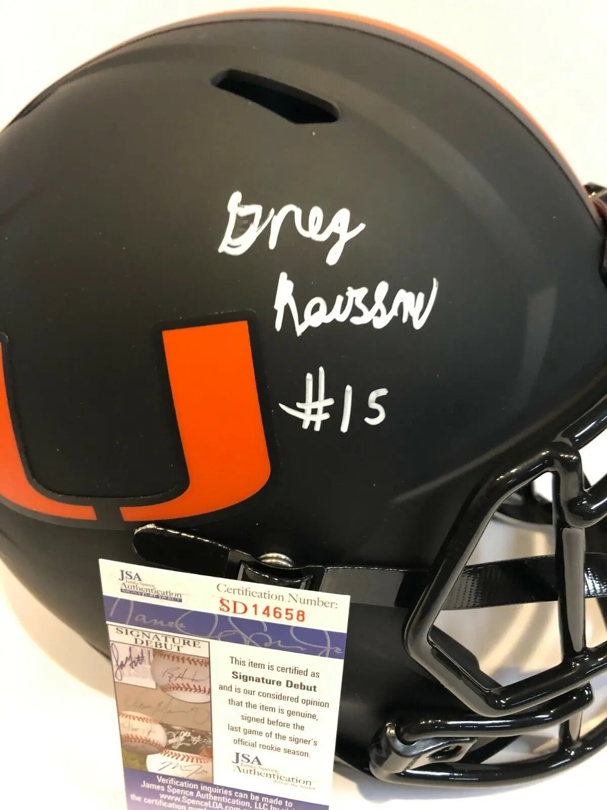 MVP Authentics Greg Rousseau Signed Miami Hurricanes Full Size Eclipse Replica Helmet Jsa Coa 314.10 sports jersey framing , jersey framing