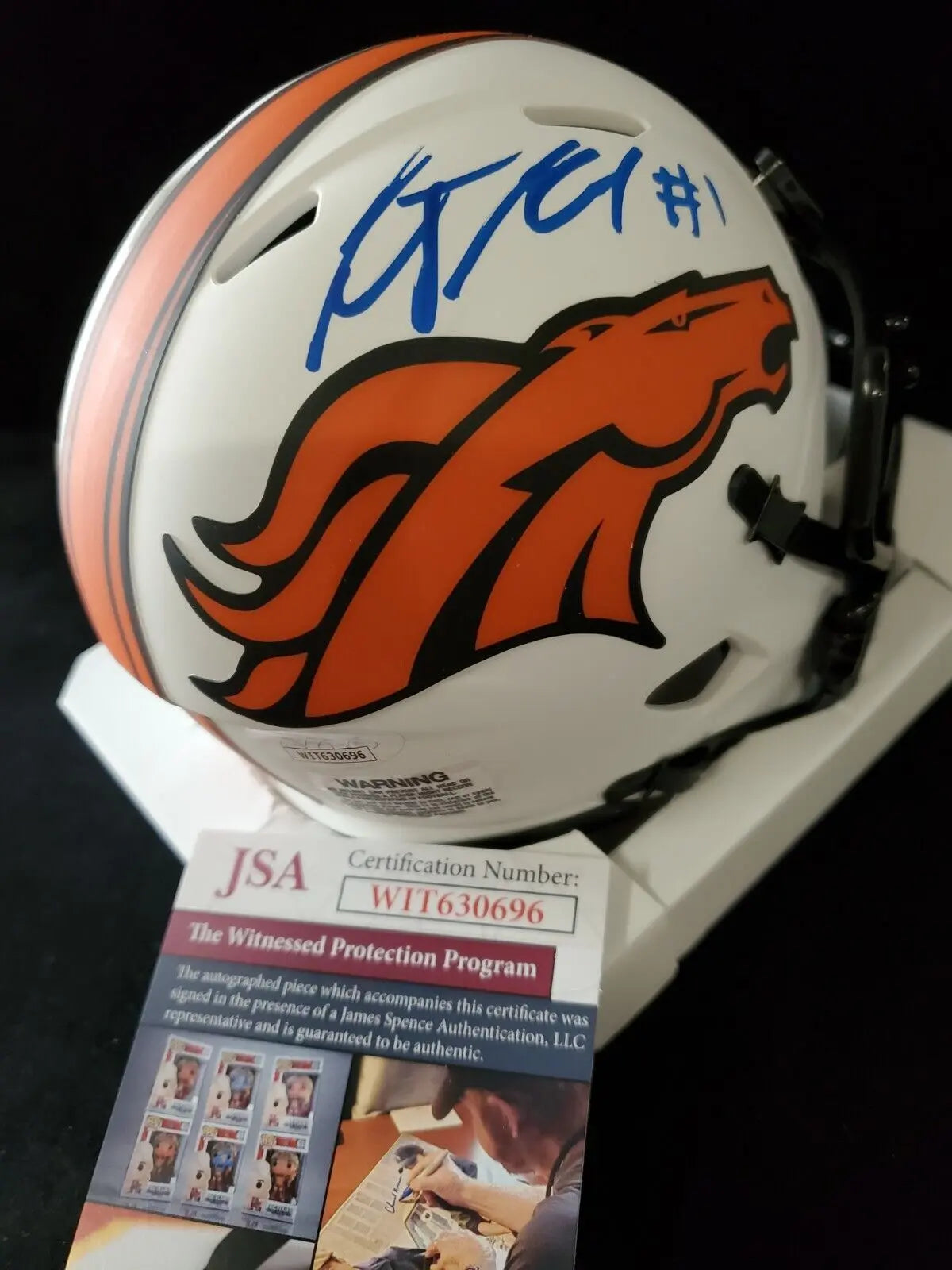 MVP Authentics Kj Hamler Autographed Blue Signed Denver Broncos Lunar Mini Helmet Jsa Coa 134.10 sports jersey framing , jersey framing