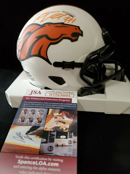 MVP Authentics Kj Hamler Autographed Orange Signed Denver Broncos Lunar Mini Helmet Jsa Coa 134.10 sports jersey framing , jersey framing