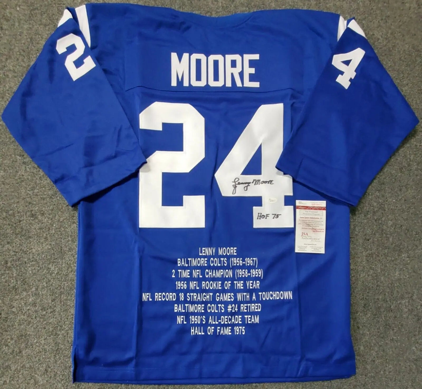 MVP Authentics Lenny Moore Autographed Signed Insc Baltimore Colts Tb Stat Jersey Jsa Coa 125.10 sports jersey framing , jersey framing
