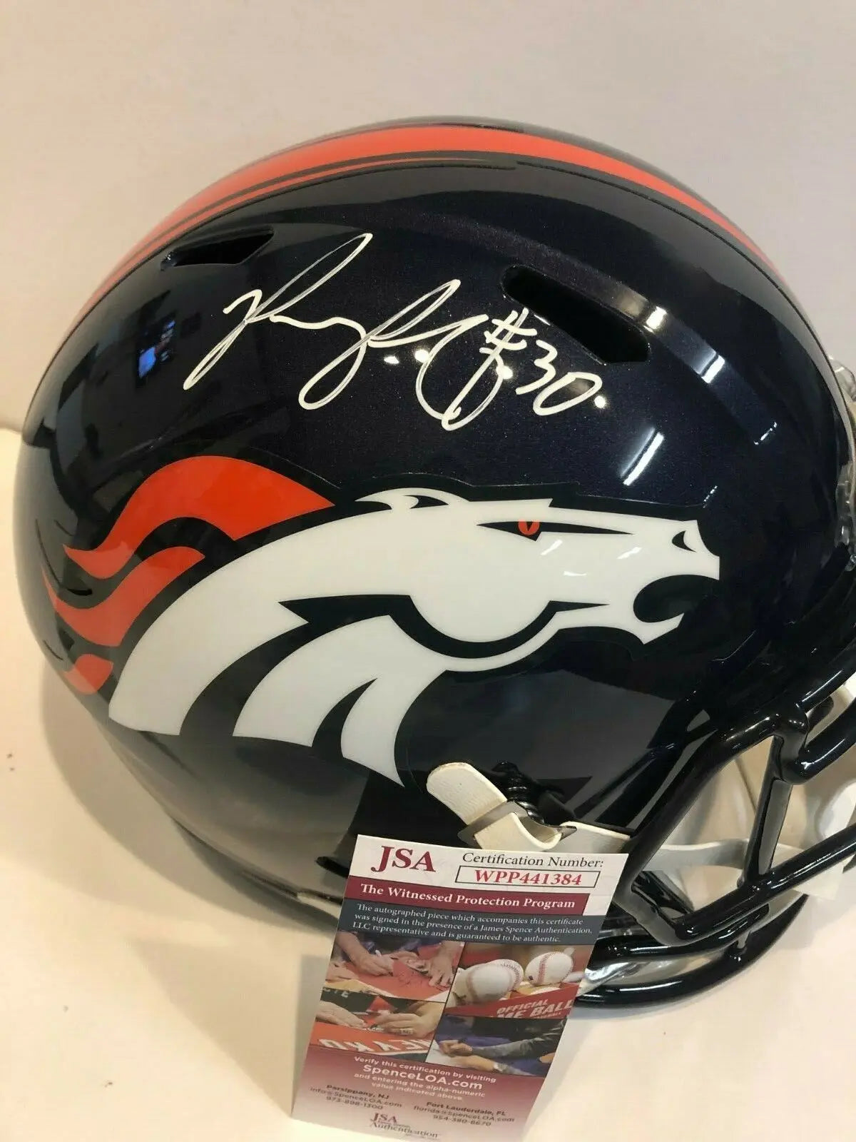 MVP Authentics Phillip Lindsay Signed Denver Broncos Full Size Replica Speed Helmet Jsa Coa 269.10 sports jersey framing , jersey framing