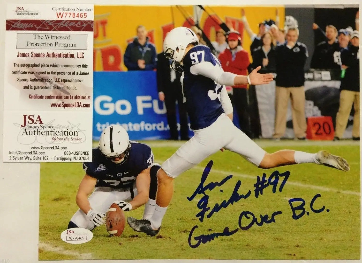 MVP Authentics Sam Ficken Autographed Inscribed Signed Penn State 8X10 Photo Jsa  Coa 63 sports jersey framing , jersey framing