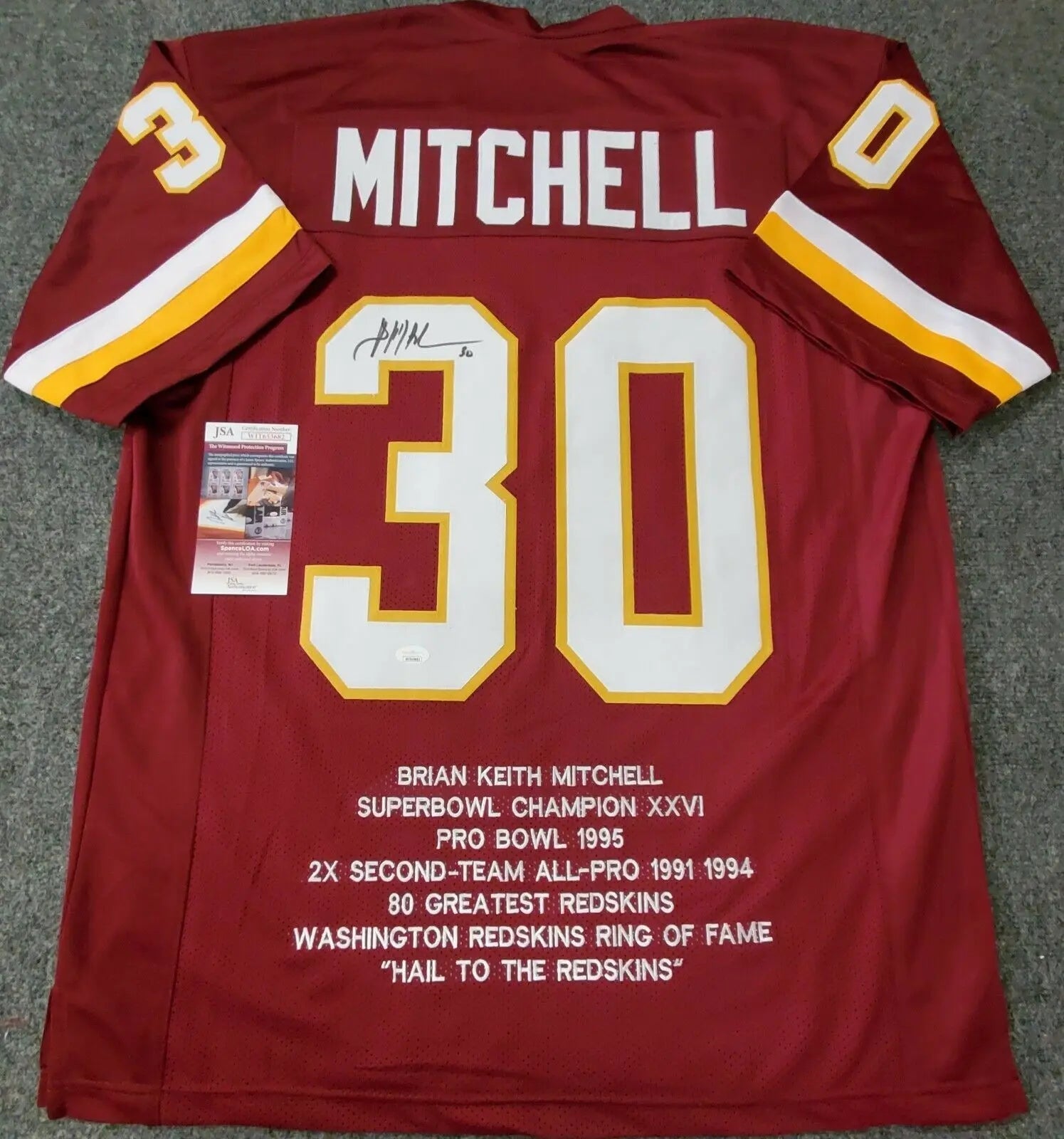 MVP Authentics Washington Football Brian Mitchell Autographed Stat Jersey Jsa Coa 98.10 sports jersey framing , jersey framing