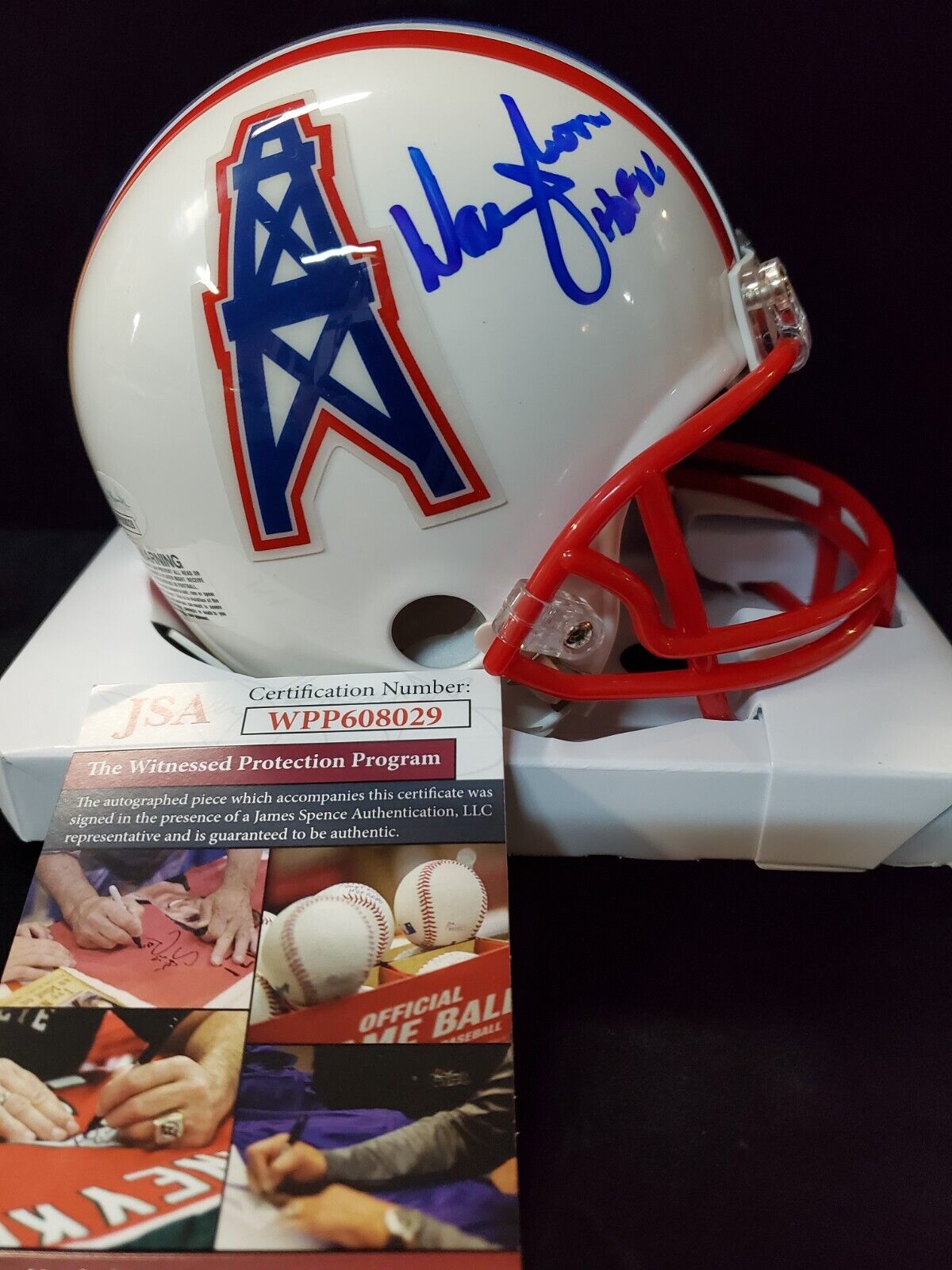 MVP Authentics Warren Moon Autographed Signed Houston Oilers Vsr Mini Helmet Jsa Coa 89.10 sports jersey framing , jersey framing