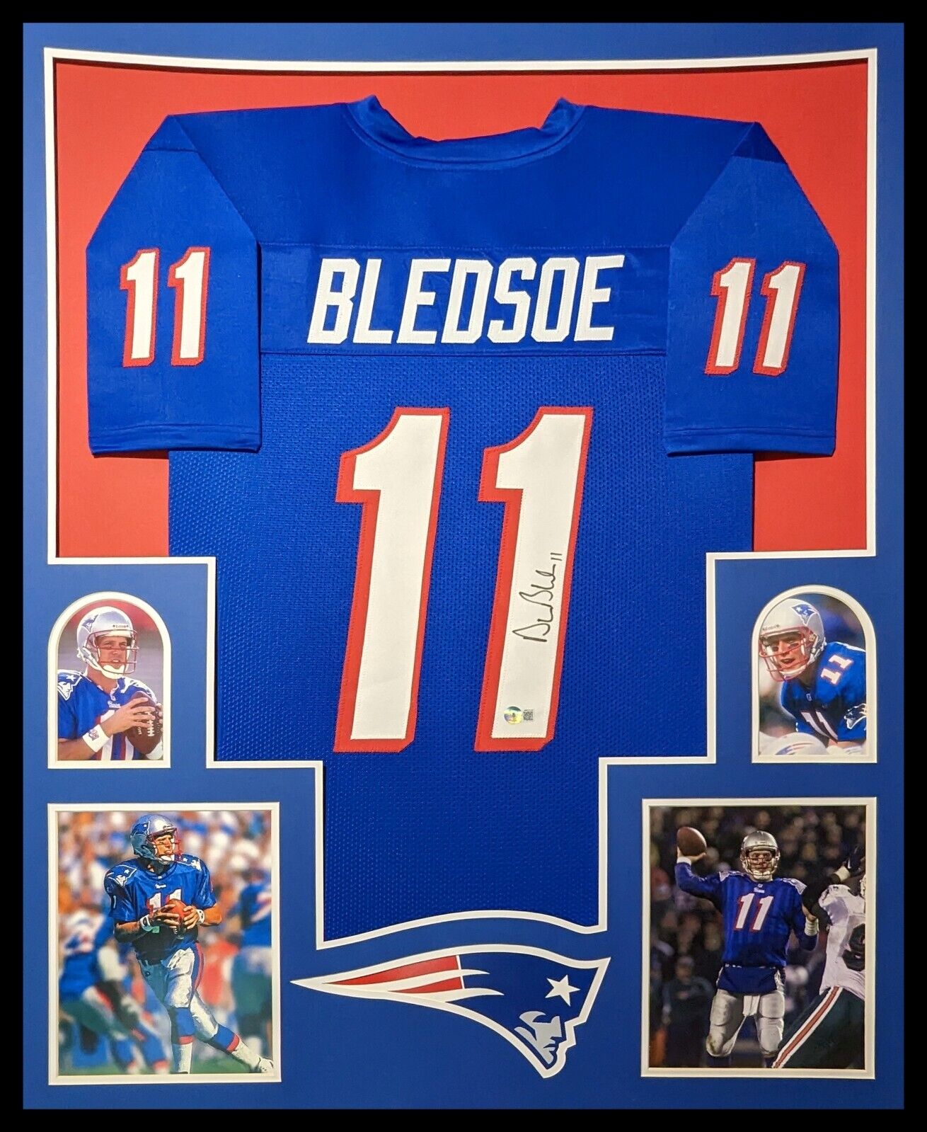 MVP Authentics Framed New England Patriots Drew Bledsoe Autographed Signed Jersey Beckett Holo 495 sports jersey framing , jersey framing