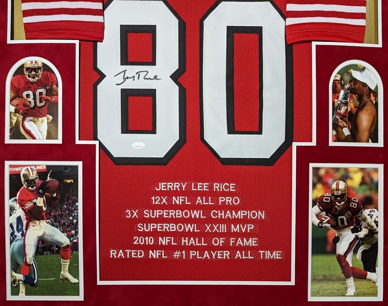 MVP Authentics Framed In Suede San Francisco 49Ers Jerry Rice Autographed Stat Jersey Jsa Coa 990 sports jersey framing , jersey framing
