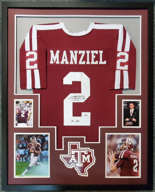 MVP Authentics Framed Texas A&M Aggies Johnny Manziel Autographed Inscribed Jersey Beckett Coa 405 sports jersey framing , jersey framing
