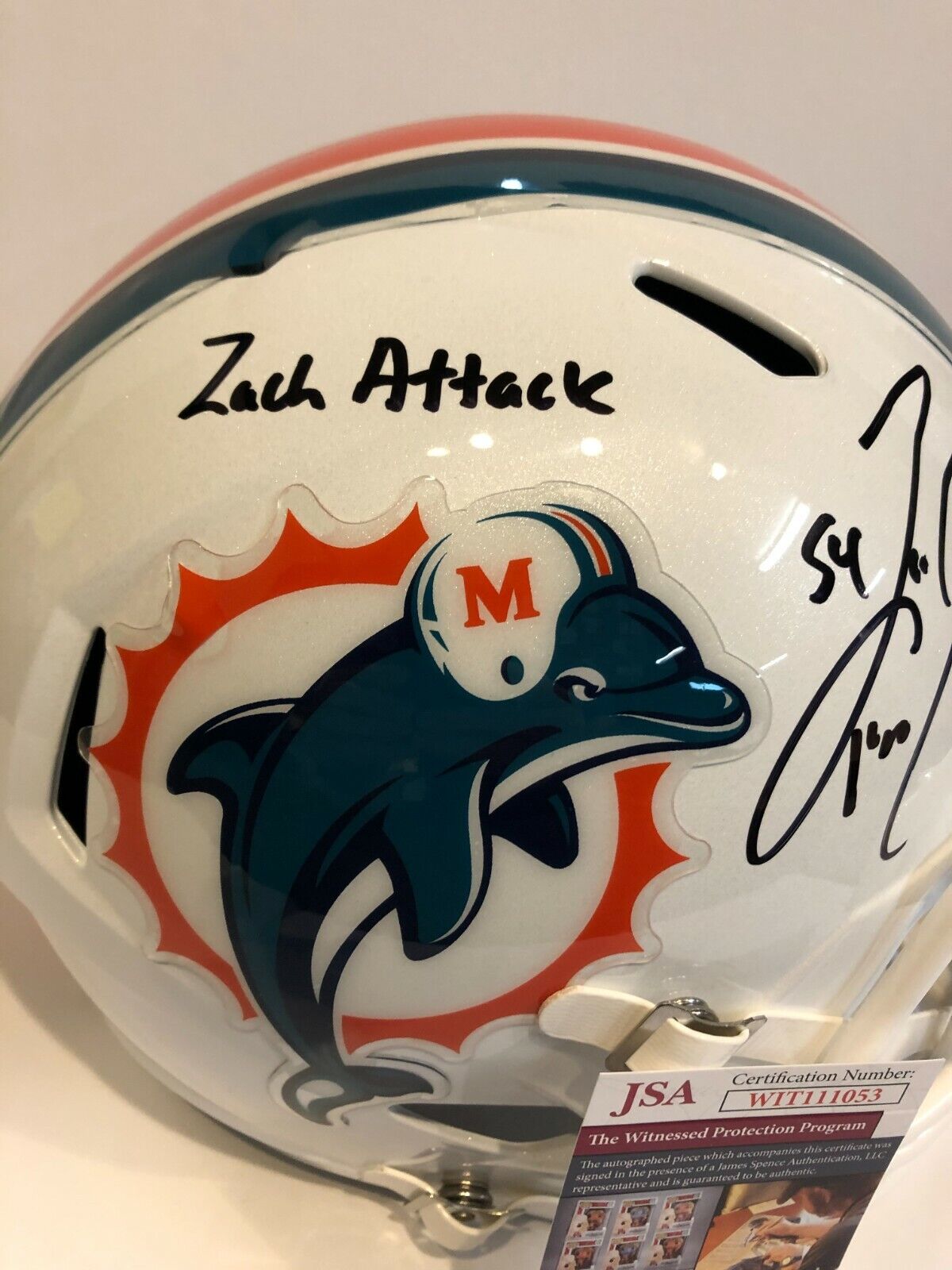 MVP Authentics Zach Thomas Signed Inscrib Miami Dolphins Full Size Speed Replica Helmet Jsa Coa 449.10 sports jersey framing , jersey framing
