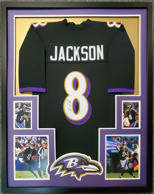 MVP Authentics Framed Baltimore Ravens Lamar Jackson Autographed Signed Jersey Jsa Coa 629.10 sports jersey framing , jersey framing