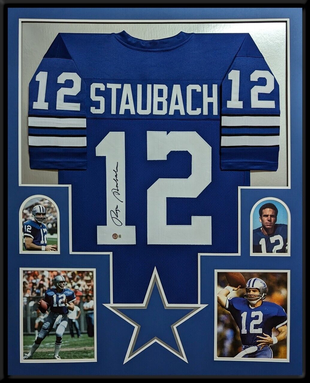 MVP Authentics Framed Dallas Cowboys Roger Staubach Autographed Signed Jersey Beckett Holo 540 sports jersey framing , jersey framing