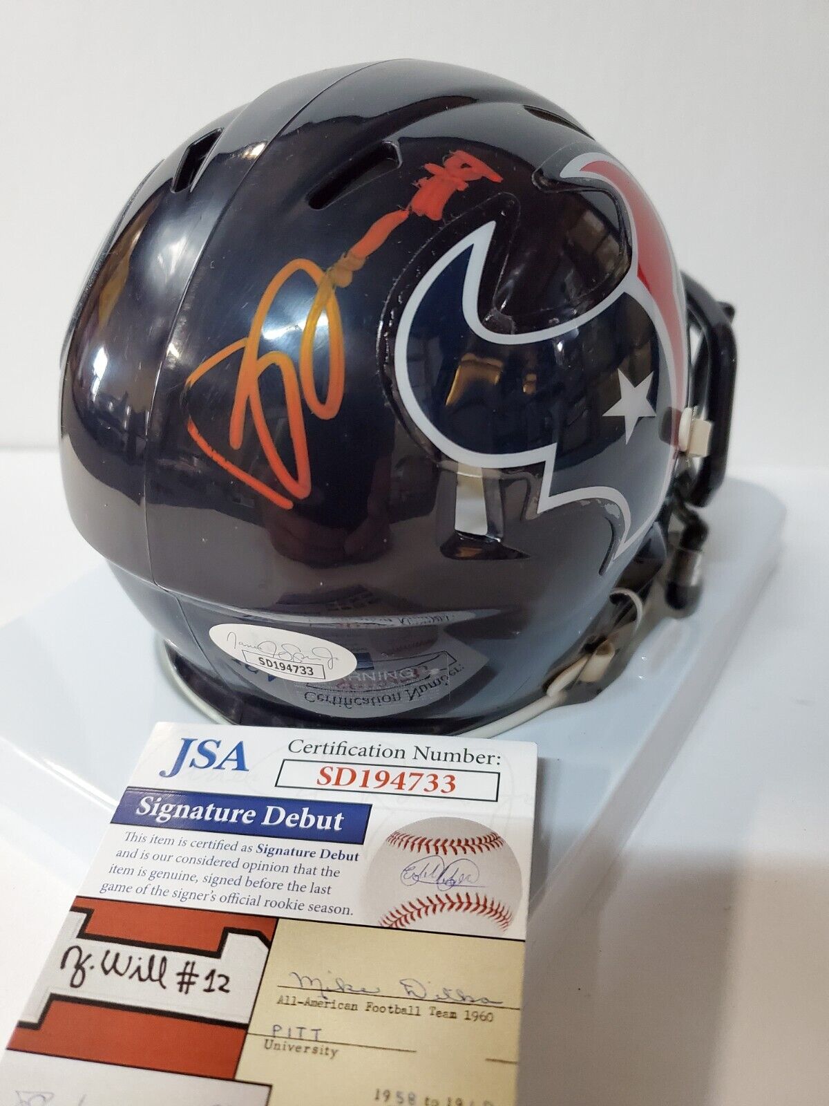 MVP Authentics Houston Texans Brevin Jordan Signed Speed Mini Helmet Jsa Coa 90 sports jersey framing , jersey framing
