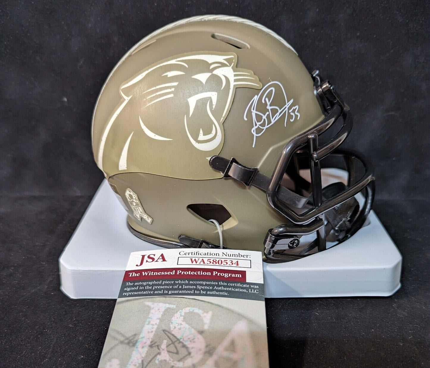 MVP Authentics Carolina Panthers Brian Burns Signed Salute To Service Mini Helmet Jsa Coa 144 sports jersey framing , jersey framing