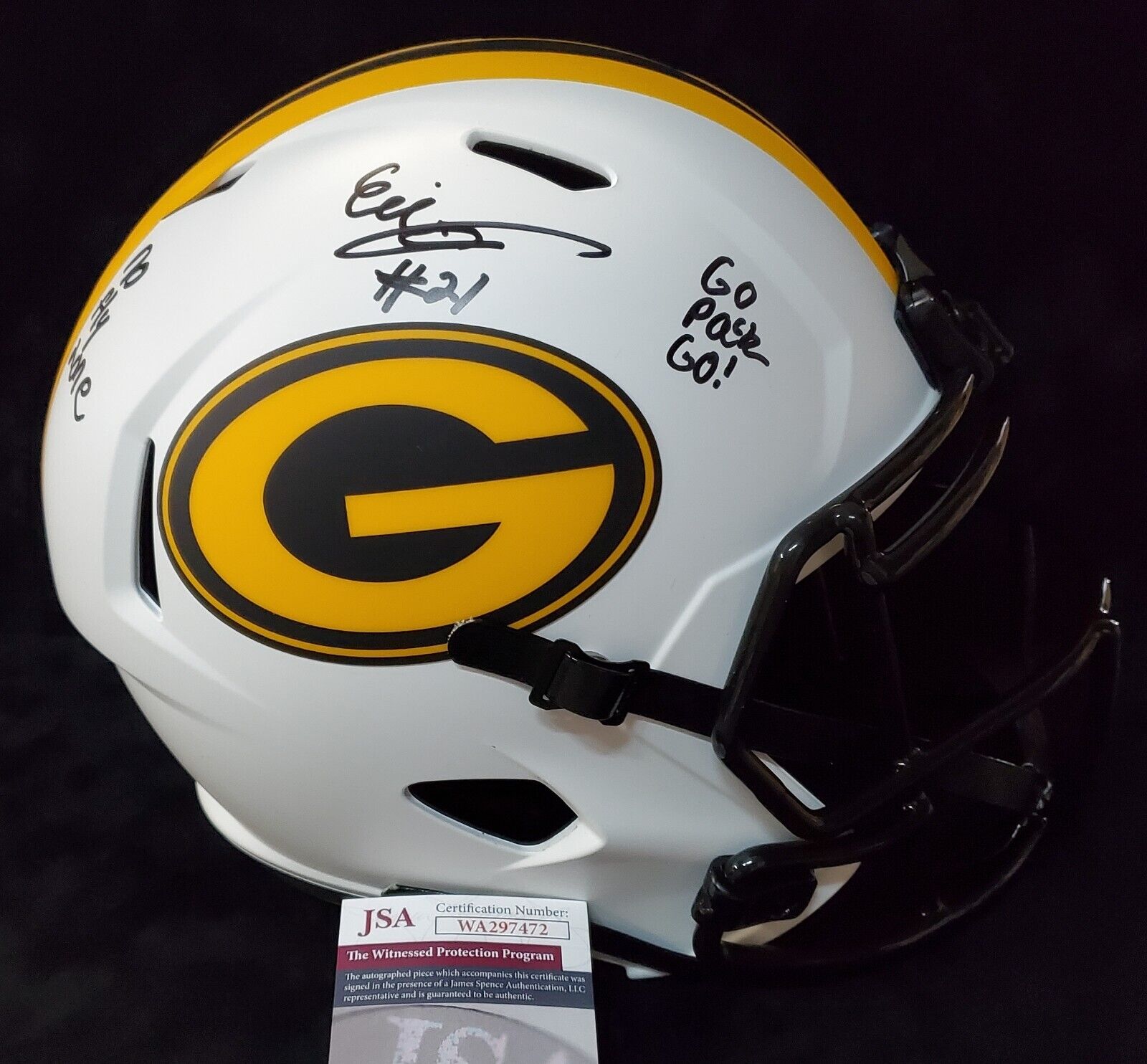 MVP Authentics Green Bay Packers Eric Stokes Signed Insc Full Size Lunar Replica Helmet Jsa 247.50 sports jersey framing , jersey framing