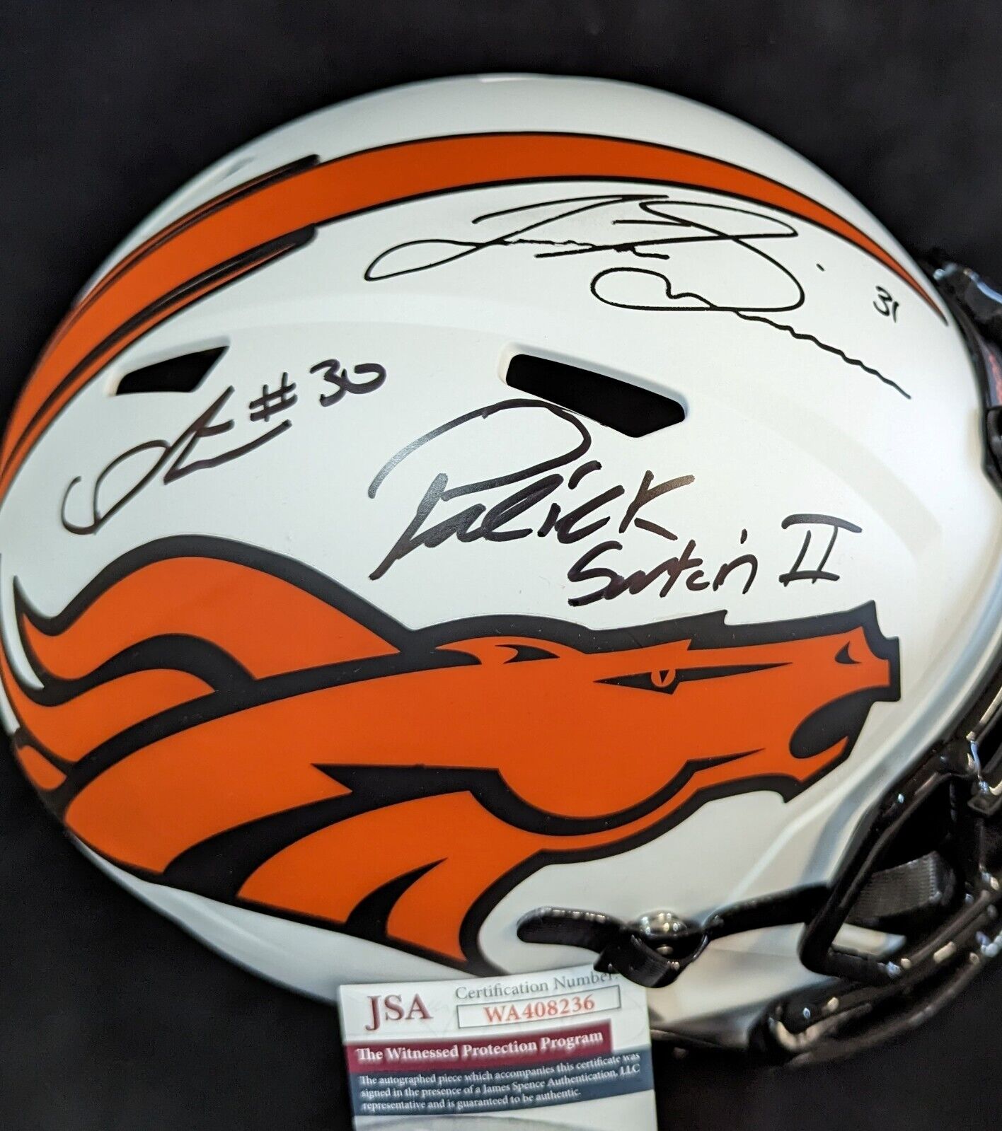 MVP Authentics Denver Broncos 3X Signed Full Size Lunar Replica Helmet Jsa Coa 540 sports jersey framing , jersey framing
