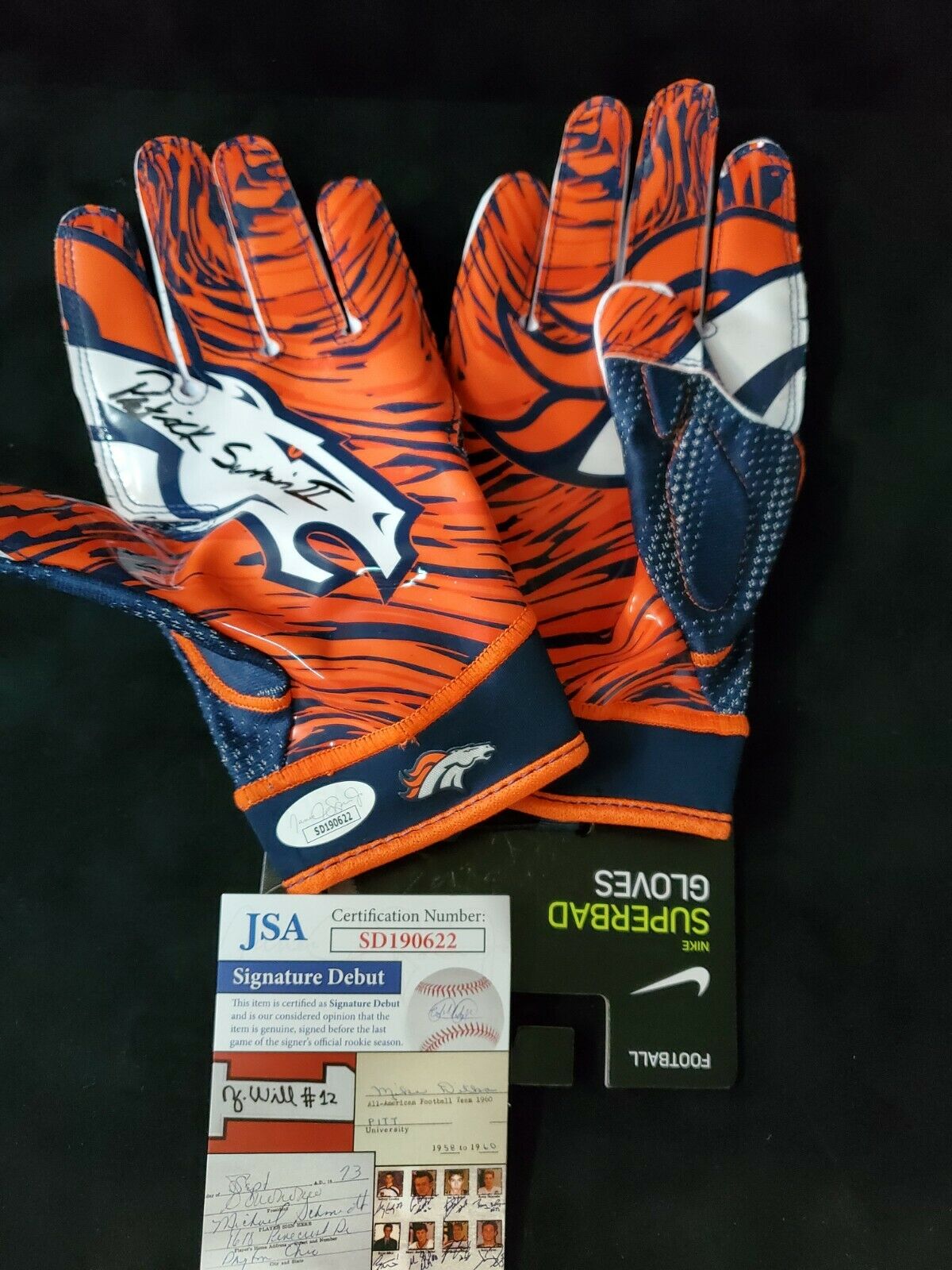 MVP Authentics Denver Broncos Patrick Surtain Ii Autographed Signed Logo Gloves Jsa Coa 134.10 sports jersey framing , jersey framing