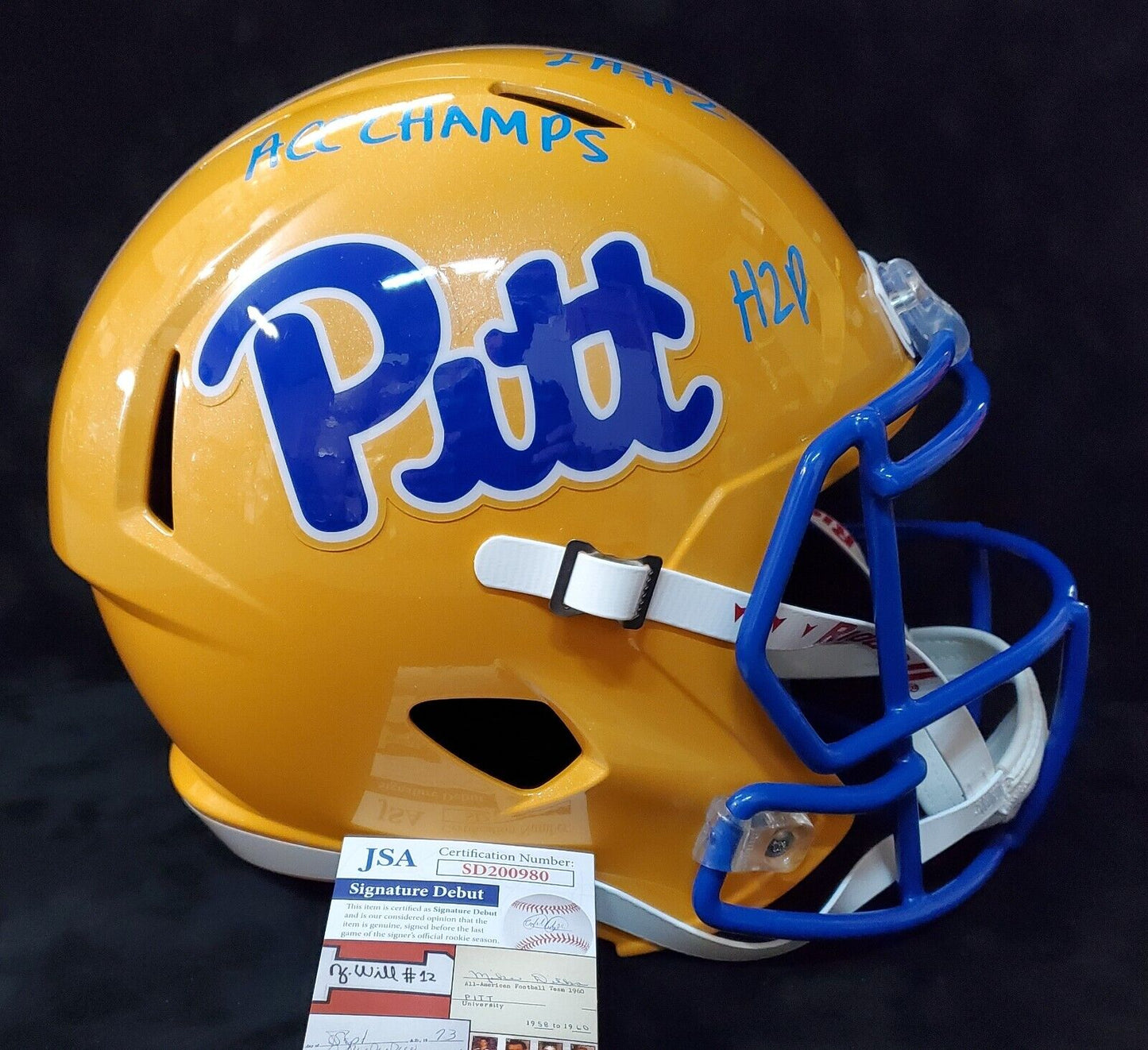 MVP Authentics Pitt Panthers Izzy Abanikanda Signed 3X Inscribed Full Size Replica Helmet Jsa 270 sports jersey framing , jersey framing