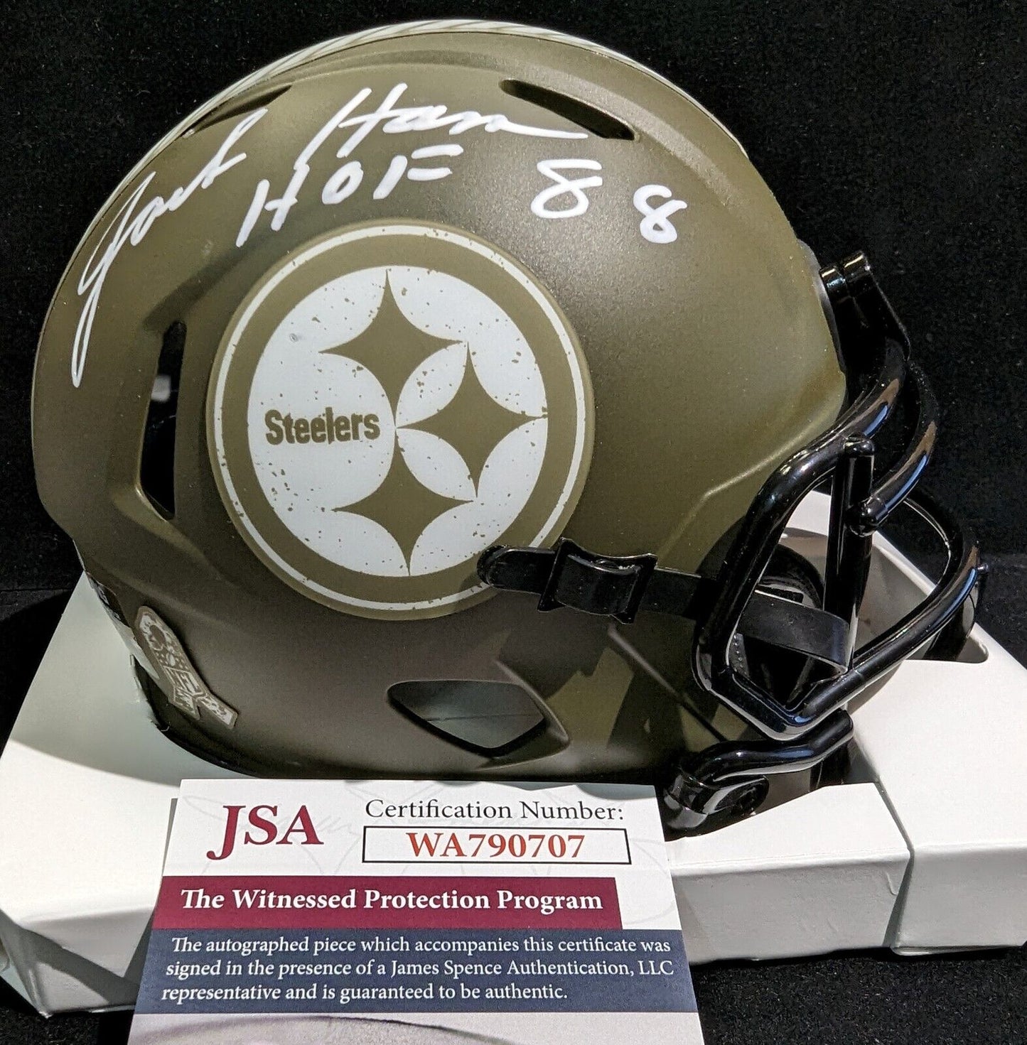 MVP Authentics Pittsburgh Steelers Jack Ham Signed Inscribed Salute Mini Helmet Jsa Coa 112.50 sports jersey framing , jersey framing